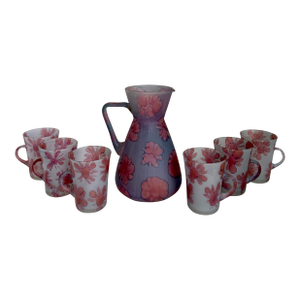 Vintage Floral Art Glass Hebron Pitcher and Glasses Set