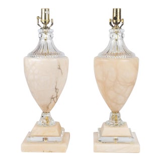 Vintage Pair of Alabaster and Crystal Table Lamps, Each Urn Rising on Graduated Base For Sale
