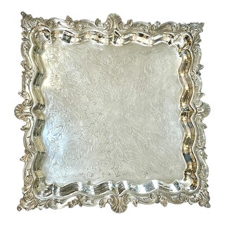 Vintage Birmingham Silver Company Silver Footed Salver Tray With Shell Design For Sale