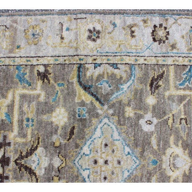 Islamic Modern Long Heriz Runner in Grays, Silver, Blue, Soft Yellow For Sale - Image 3 of 8