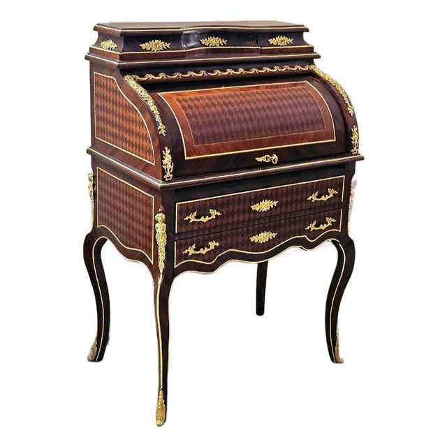 French Roll Top Secretary Desk With Marquetry Inlay & Bronze Accents For Sale