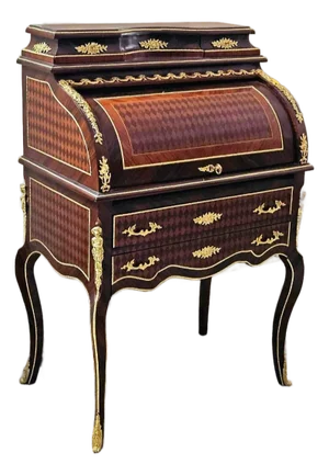 French Roll Top Secretary Desk With Marquetry Inlay & Bronze Accents