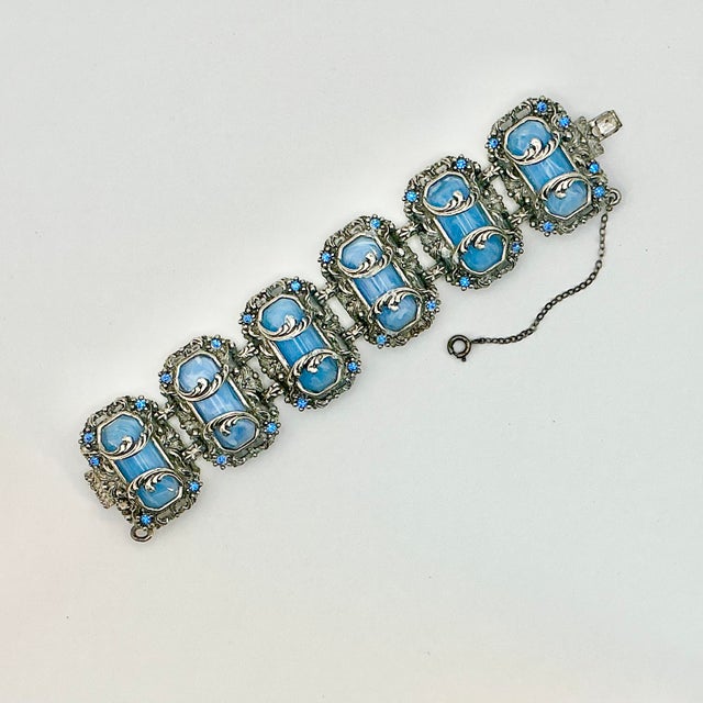 Metal 1920s Antique Art Deco Art Nouveau Blue Glass & Silver Tone Clasp Cuff Bracelet, 7” For Sale - Image 7 of 13