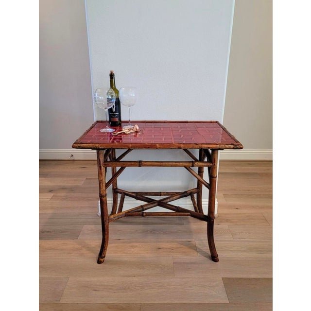 Victorian 19th Century Victorian Era Chinoiserie Japonism Bamboo Burgundy Red Ceramic Tiled Tray Table For Sale - Image 3 of 17