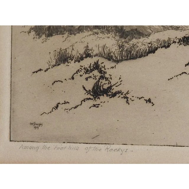 Vintage early 20th century etching on paper by Lee Sturges (1865-1954) American. Titled Among the Foothills of the Rockies...