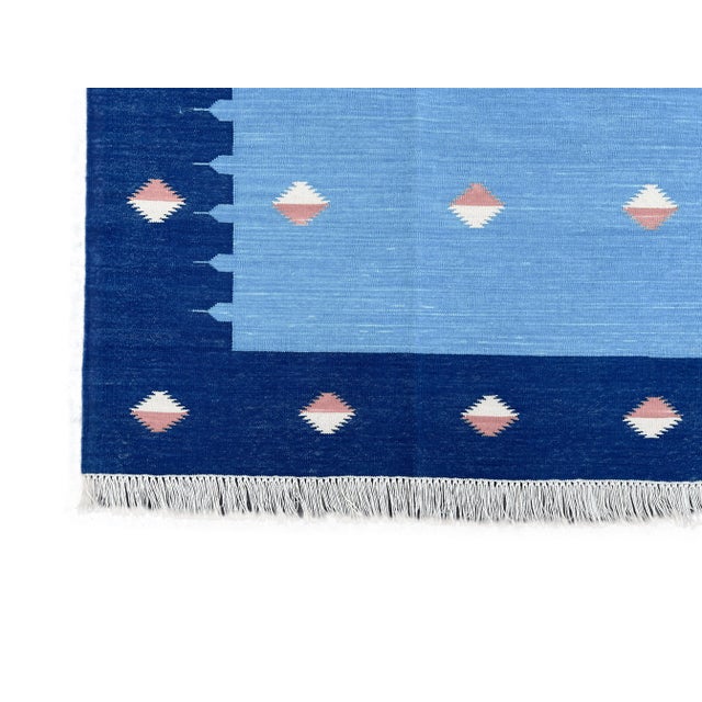 Handmade Cotton Natural Vegetable Dyed Reversible Sky Blue Orange Star Rug Dhurrie - 10'x14' For Sale - Image 11 of 12