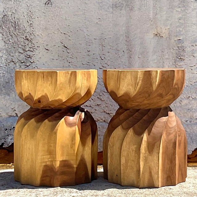 Infuse your home with rustic charm using this Pair of Vintage Boho Twisted Stump Low Stools, a quintessential...
