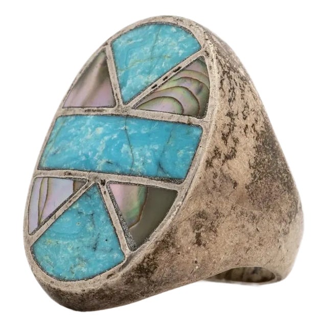 Vintage Southwestern Silver, Turquoise & Shell Ring For Sale