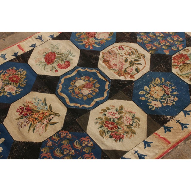 Handmade Antique English Needlepoint Rug in Blue, Beige-Brown Floral Pattern For Sale - Image 4 of 9