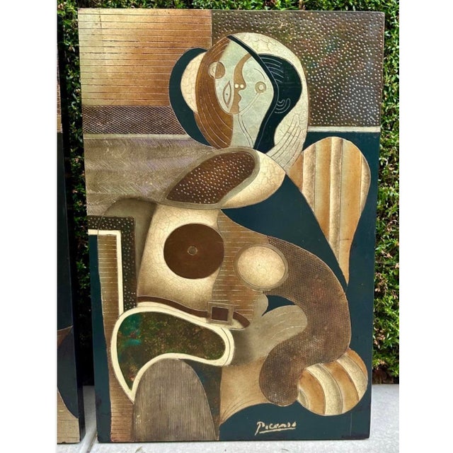 Gold Pair Mid-Century Picasso-Style Carved & Gilded Wood Panels Attributed to Enrico Baj For Sale - Image 8 of 18