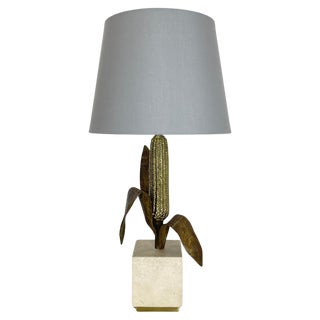 Brass, Bronze and Travertine Table Light attributed to Maison Charles, France, 1970s For Sale