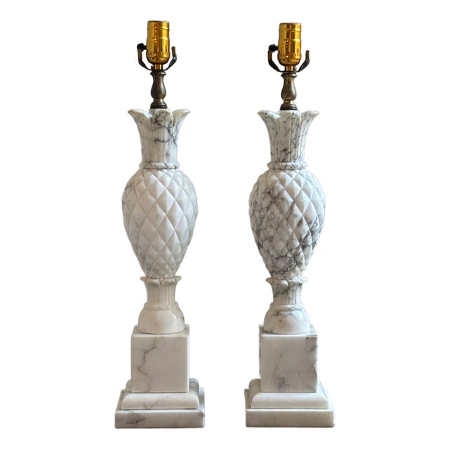 1950s Hand Carved Italian Alabaster Table Lamps W/ Sculptural Pineapple Motif -- A Pair For Sale