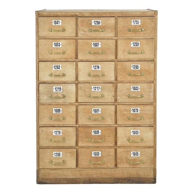 Wooden Workshop Cabinet with 21 Labeled Drawers For Sale