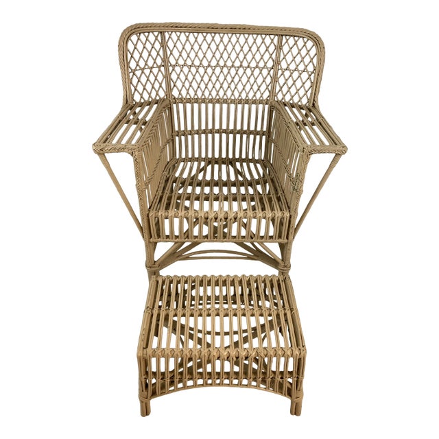 Vintage Rattan Club Chair and Ottoman For Sale