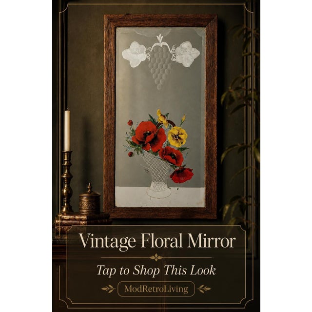 Vintage Floral Wall Mirror Victorian Etched Hanging Wood Framed Antique Folk Art For Sale - Image 9 of 10
