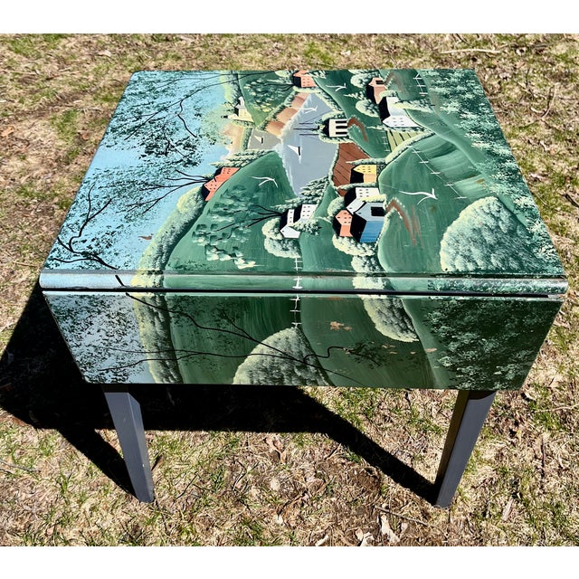 Hand Painted Side Table Signed CCM Oil Painted Landscape of Mountain Village & Seascape For Sale In Providence - Image 6 of 9