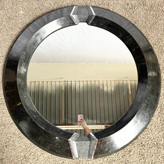 Art Deco Black Tessellated Stone and Chrome Mirror, Maitland Smith Style For Sale In West Palm - Image 6 of 7