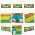 A striking vintage stained glass window panel featuring a bold mid-century geometric design in vibrant amber, green, and...