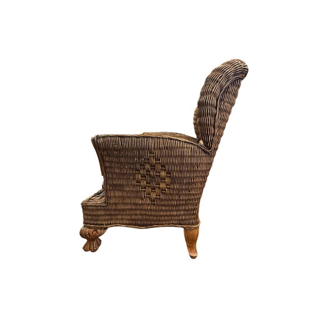 Wood Late 20th Century Carved British Colonial Wicker Club Chair by Acacia Furniture & Two Leather Pillows For Sale - Image 7 of 12
