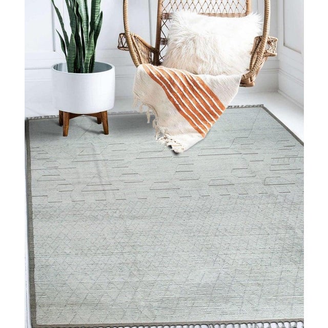 Ivory 9x12 Ivory Hand-Knotted Wool Linear Geometry Tribal Modern Carpet Rug For Sale - Image 8 of 9