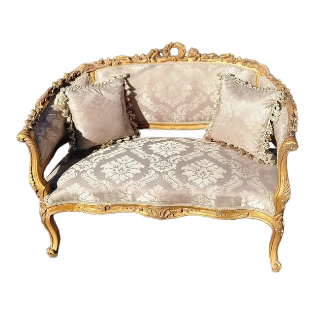 1980s French Style Settee Gold Leaf Loveseat Sofa For Sale