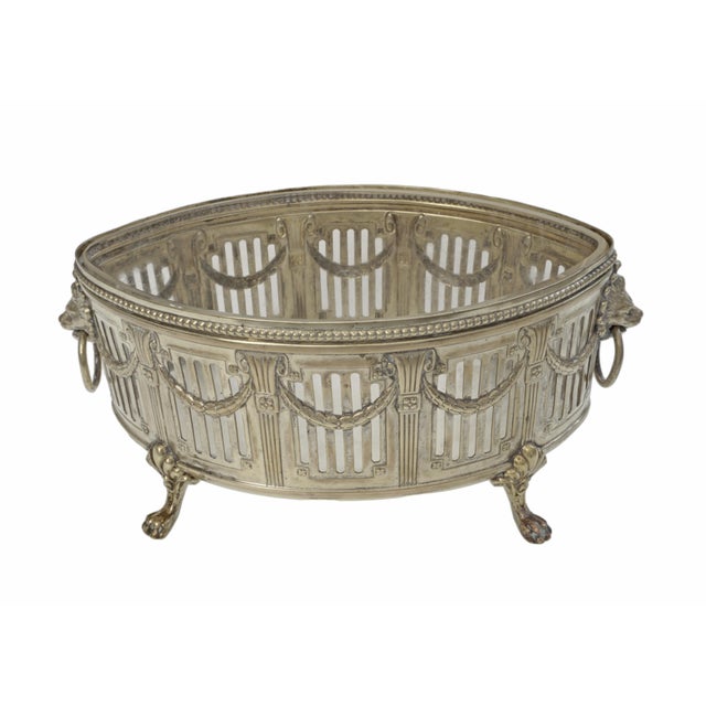 Early 20th Century Antique WMF Jardiniere Glass Liner Centerpiece Bowl Neoclassical Style Silverplate Brass Lion Handles Paw Feet For Sale - Image 5 of 10