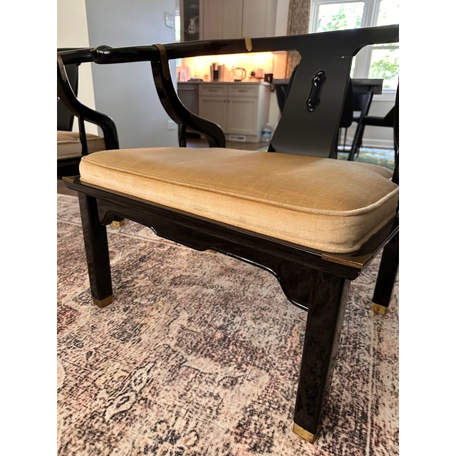 1980s Pair Vintage Century Furniture Black Lacquered Chinoiserie James Mont Armchair For Sale - Image 5 of 10