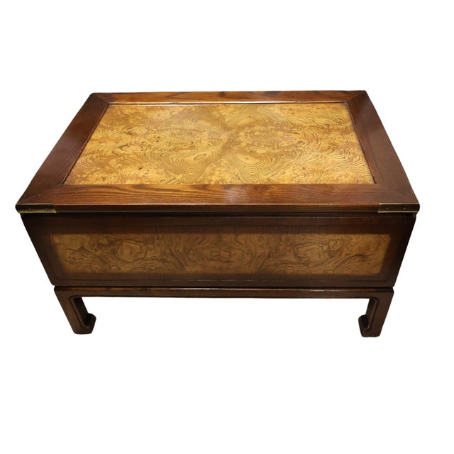 Vintage Knob Creek Bookmatched Elm Burl Wood Campaign Coffee Table With Drawer For Sale In Raleigh - Image 6 of 7