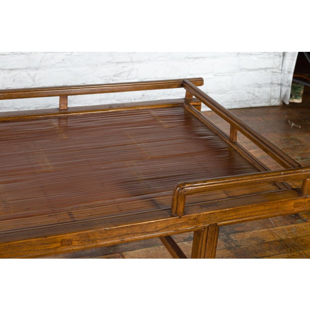 Chinese 19th Century Chinese Qing Dynasty Elm & Bamboo Seat Daybed with Guardian Lions For Sale - Image 3 of 13
