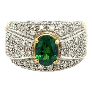Vintage 1.50 Carat Oval Cut Green Tsavorite and Diamond Cluster Ring, Size 8