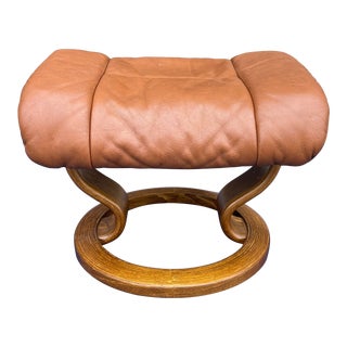 1990s Ekornes Stressless Brown Leather & Teak Ottoman For Sale