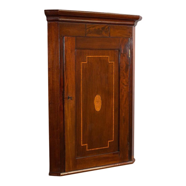 C. 1800 Georgian Walnut and Mahogany Inlay English Antique Corner Cabinet For Sale