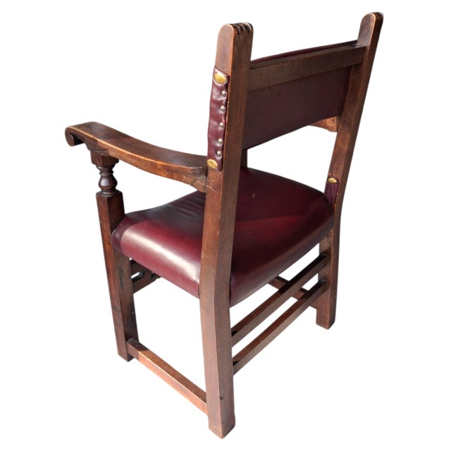 Coffee Rare Antique Spanish Revival / Gothic Oak Armchair in Oxblood Leather & Bronze Accents For Sale - Image 8 of 12