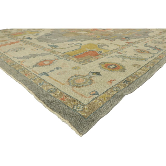 Turkish Oushak Rug with Neutral Earth-Tones and Modern Style. This hand-knotted wool Turkish Oushak rug features a...