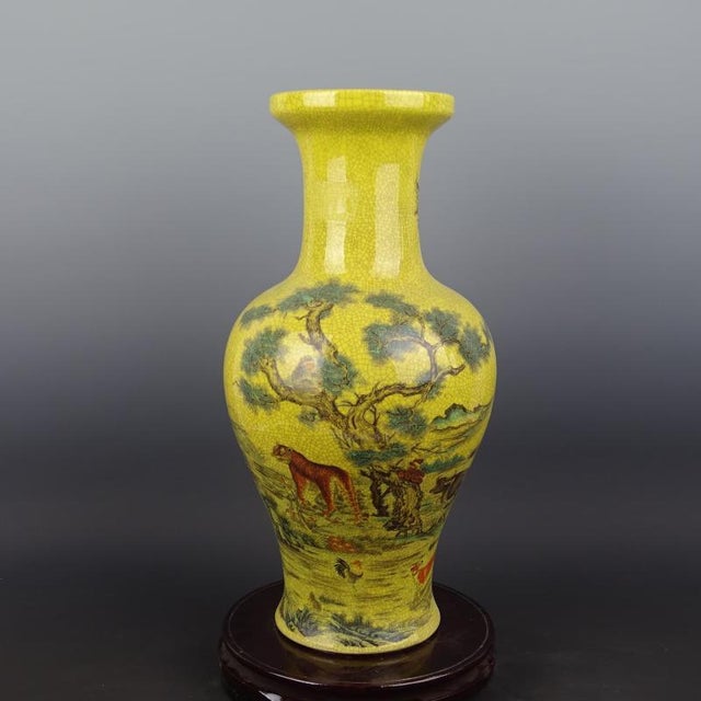 Early 20th Century Chinese Ceramic Qing Dynasty Qianlong Marked Yellow Ground Crackle Glaze Porcelain Vase Hand Painted Twelve Chinese Zodiac Signs Pattern For Sale - Image 5 of 6