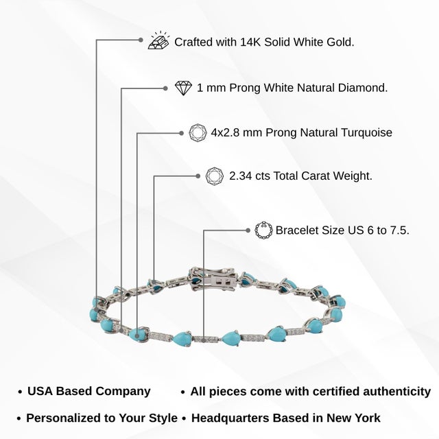 2.34ct Natural Turquoise & Diamond Station Tennis Bracelet in 14k White Gold For Sale - Image 12 of 15