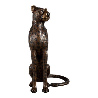 Large Bronze Cheetah Sculpture – Seated Spotted Leopard, 43” H Wildlife Art Statement For Sale