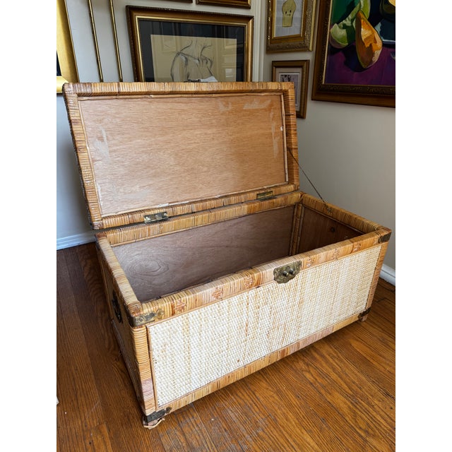 Vintage Asian Woven Rattan & Bamboo Blanket Chest With Brass Hardware For Sale - Image 4 of 12
