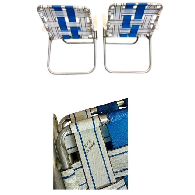 Vintage Aluminum Lawn Chairs Set-Mid Century-Webbed-Folding-Patio Pair-Retro For Sale - Image 10 of 11
