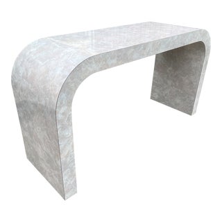 Marbled Gloss Laminate Waterfall Console Table For Sale