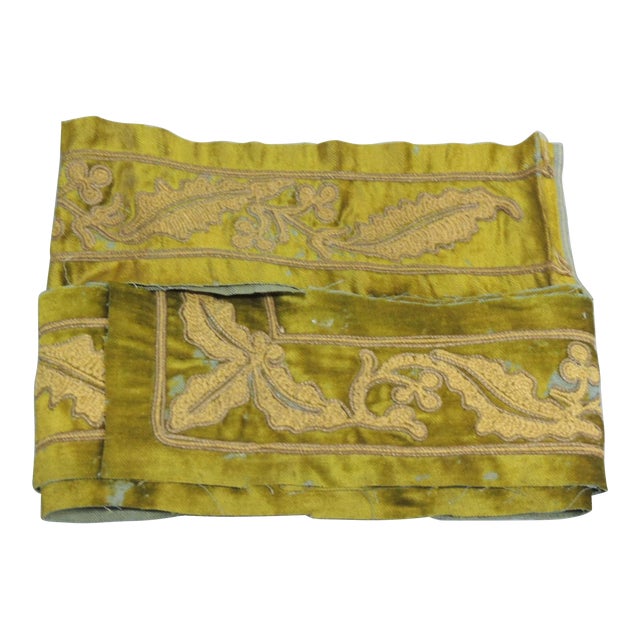 Antique Acid Green and Gold Embroidered Decorative Trim For Sale