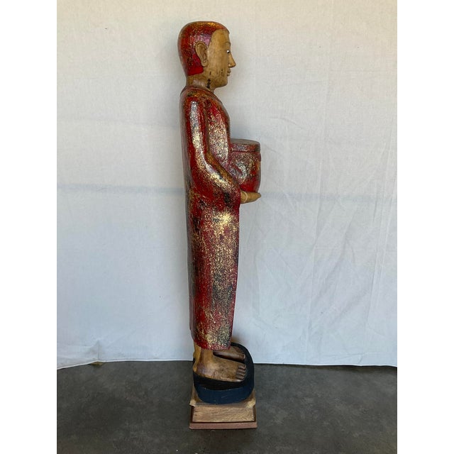 Ruby Red Vintage Buddha Buddhist Carved Wood Burmese Thai Monk Statue For Sale - Image 8 of 11