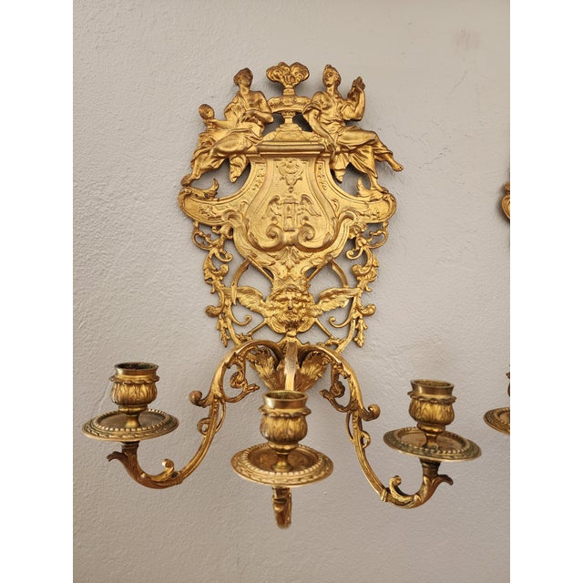 Antique 19th C Pair French Napoleon III Gilt Bronze Louis XVI Style Sconces For Sale - Image 6 of 16