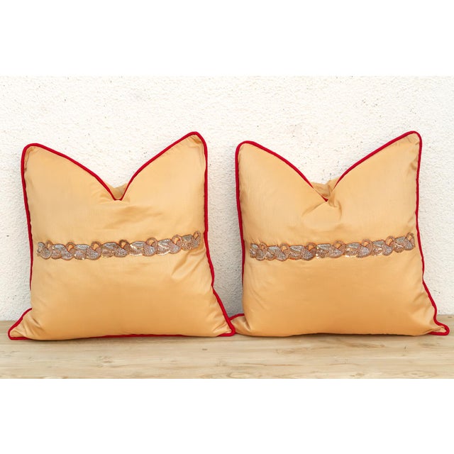 Pair of Gold Zardozi Pillows For Sale In Los Angeles - Image 6 of 8