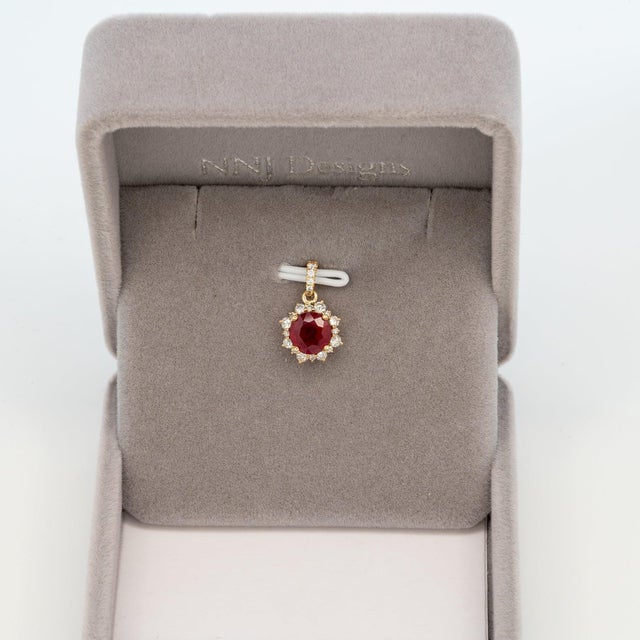 Modern 1.9Ct Madagascar Ruby Pendant With Natural Diamond Accent: Solid 14k Gold, 6.5mm For Sale - Image 3 of 7