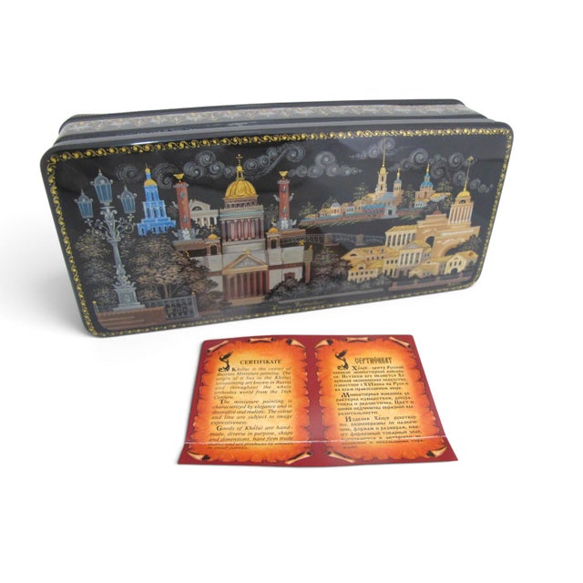 Kholuy hand painted lacquer casket box with certificate. Gorgeous hand painted panoramic view of Saint Petersburg...
