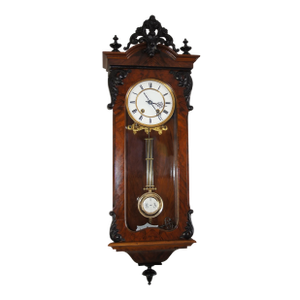 1880 Antique German Mechanical Wooden Wall Clock With Pendulum by Lenzkirch Carved Black Decorations
