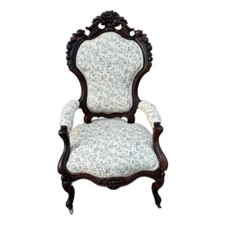19th Century Antique Victorian Rococo Style Walnut-Rosewood Carved Armchair. For Sale