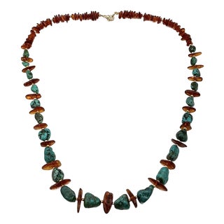 1980s Vintage Boho Chic Baltic Amber & Faux Turquoise Nugget Beaded Necklace - 26” For Sale
