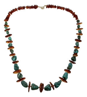 1980s Vintage Boho Chic Baltic Amber & Faux Turquoise Nugget Beaded Necklace - 26”.